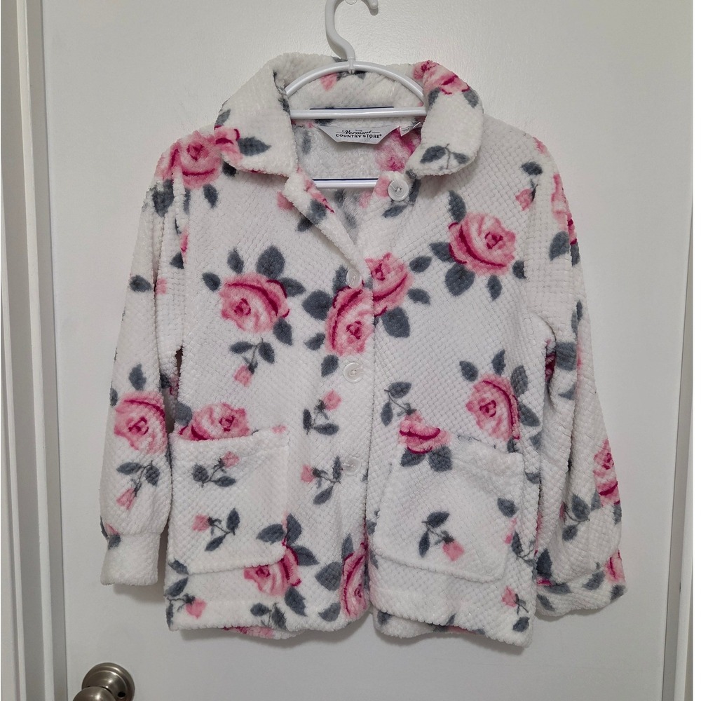 The Vermont Country Store Floral Fleece Bed Jacket Pink Rose White Small